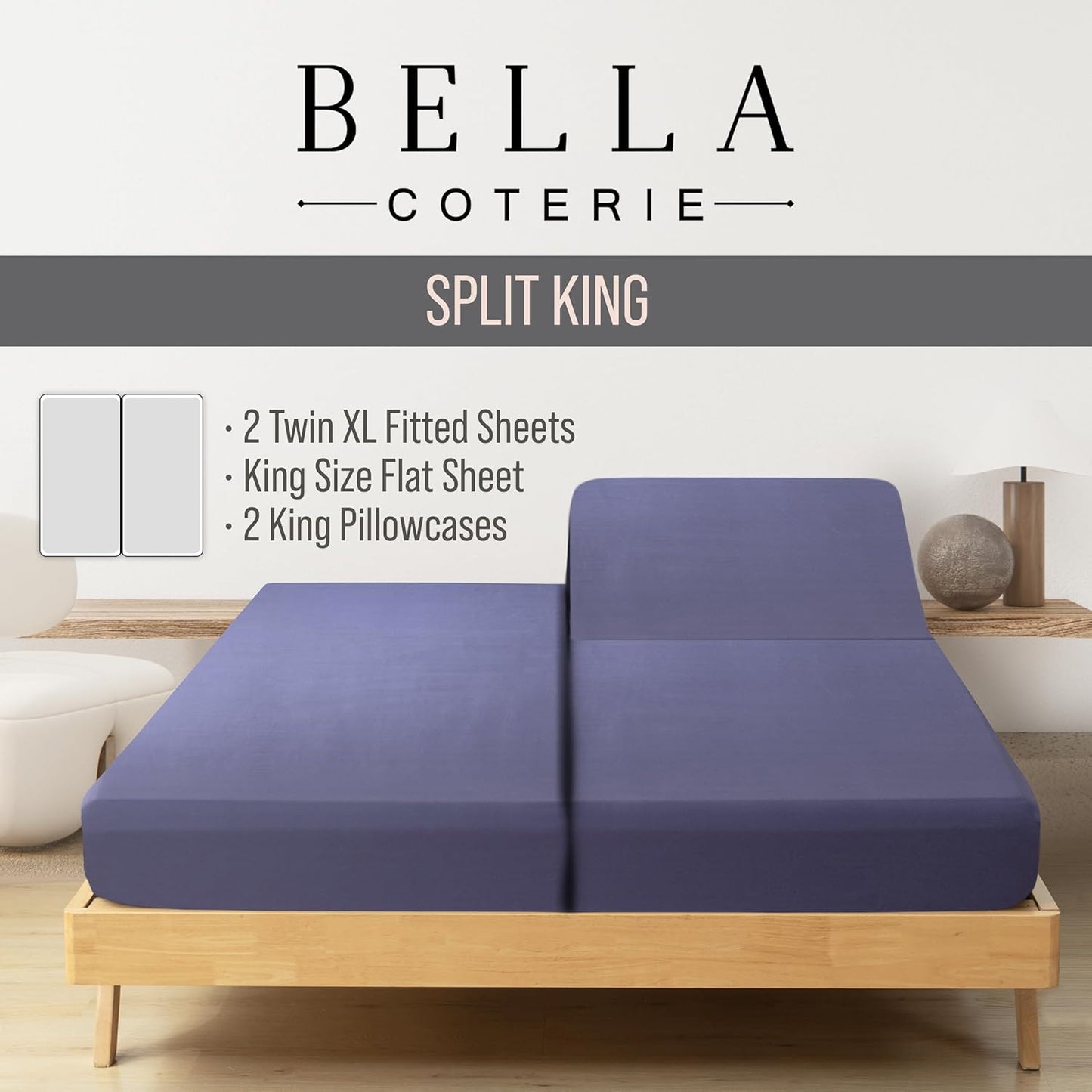Bella Coterie Luxury Bamboo Viscose Split King Size Sheet Set | 100% Organically Grown | Ultra Soft | Cooling for Hot Sleepers | 18" Deep Pocket [Twilight Blue]