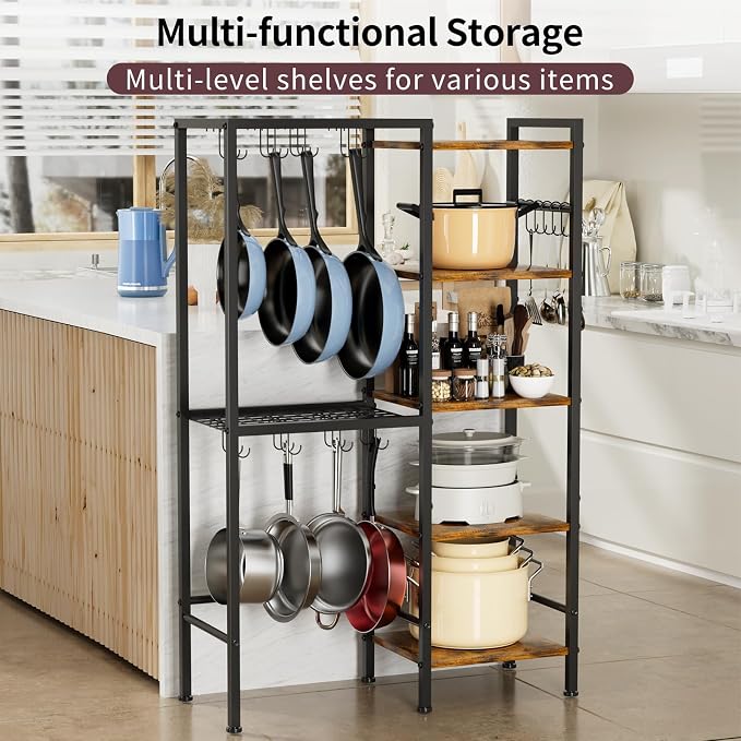 5-Tier Pot and Pan Organizer Rack with Hooks, Heavy-Duty Kitchen Storage Shelf for Cookware, Dishes, and Utensils, Freestanding Metal Pot Rack Organizer for Kitchen, Pantry, or Dining Room - Image 3