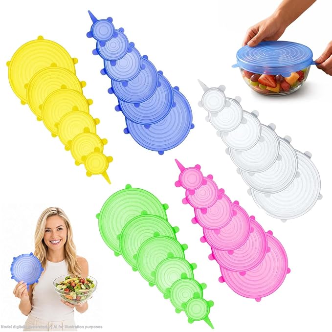 Silicone Stretch Lids 6 Pack Reusable Food Storage Covers, 5 Colors Set | 6 Reusable Silicone Stretch Lids • Flexible Fit • Food Storage • Microwave & Freezer Safe • Multi-Size Kitchen Covers by MENDED