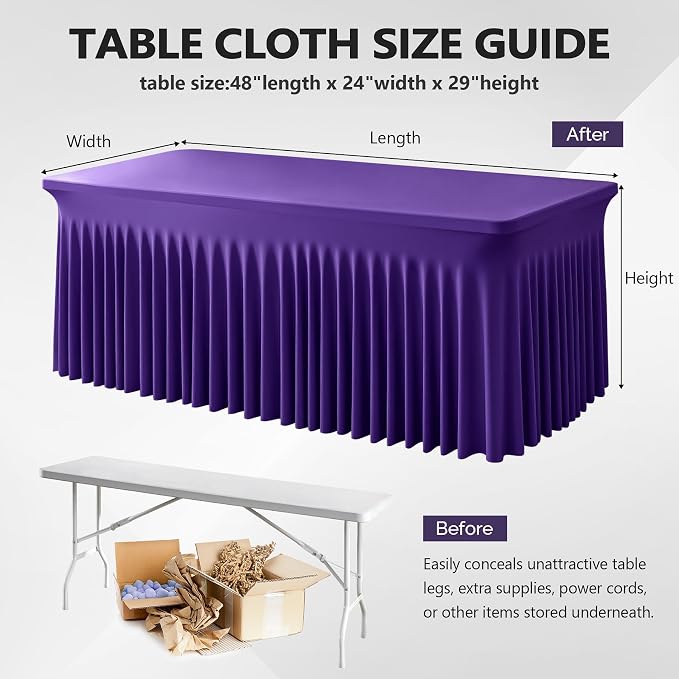 Wish Care 2 Pack Dark Purple Spandex Table Clothes for 4 Foot Rectangle Tables, 4FT Wrinkle Free Fitted Tablecloths Ruffles Design Table Cover for Party, Banquet, Wedding and Events - Image 3