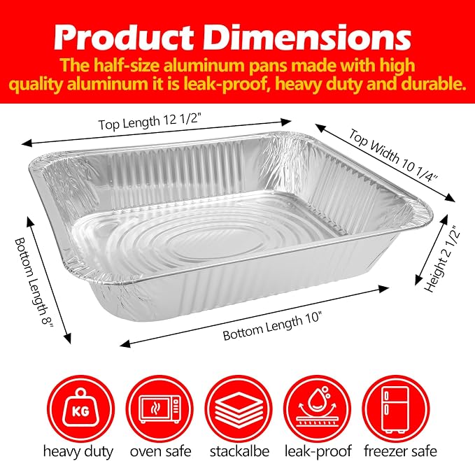 9x13 Aluminum Foil Pans with Lid, 20 Pack Disposable Trays Half Size Heavy Duty Tin Pans Deep Food Containers For Cooking, Meal Prep, Baking, Roasting, Chafing, Heating or Steam Table - Image 2