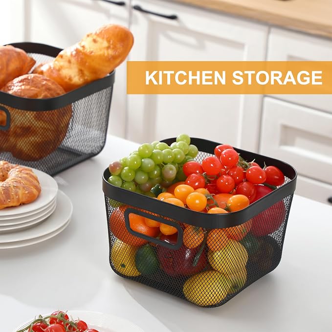 MorningRo 6 Pack Metal Mesh Basket with Hollow Handles Black Wire Storage Bin for Organizing Stackable Metal Fine Mesh Basket for Pantry Bathroom Kitchen Cabinets Shelves (Medium) - Image 4