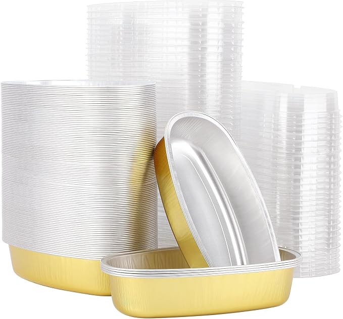 Beasea Mini Cake Pans with Lids, 100 Pack 6 Inch 350ml 12oz Disposable Aluminum Oval Small Cheesecake Loaf Bread Mold Tins Oven Baking Pans for Party Wedding Business - Gold by Beasea