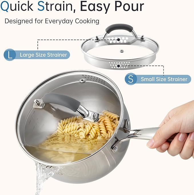 Tri-Ply Stainless Steel Sauce Pan, 2.5 Qt Saucepan with Strainer Lid - Image 4