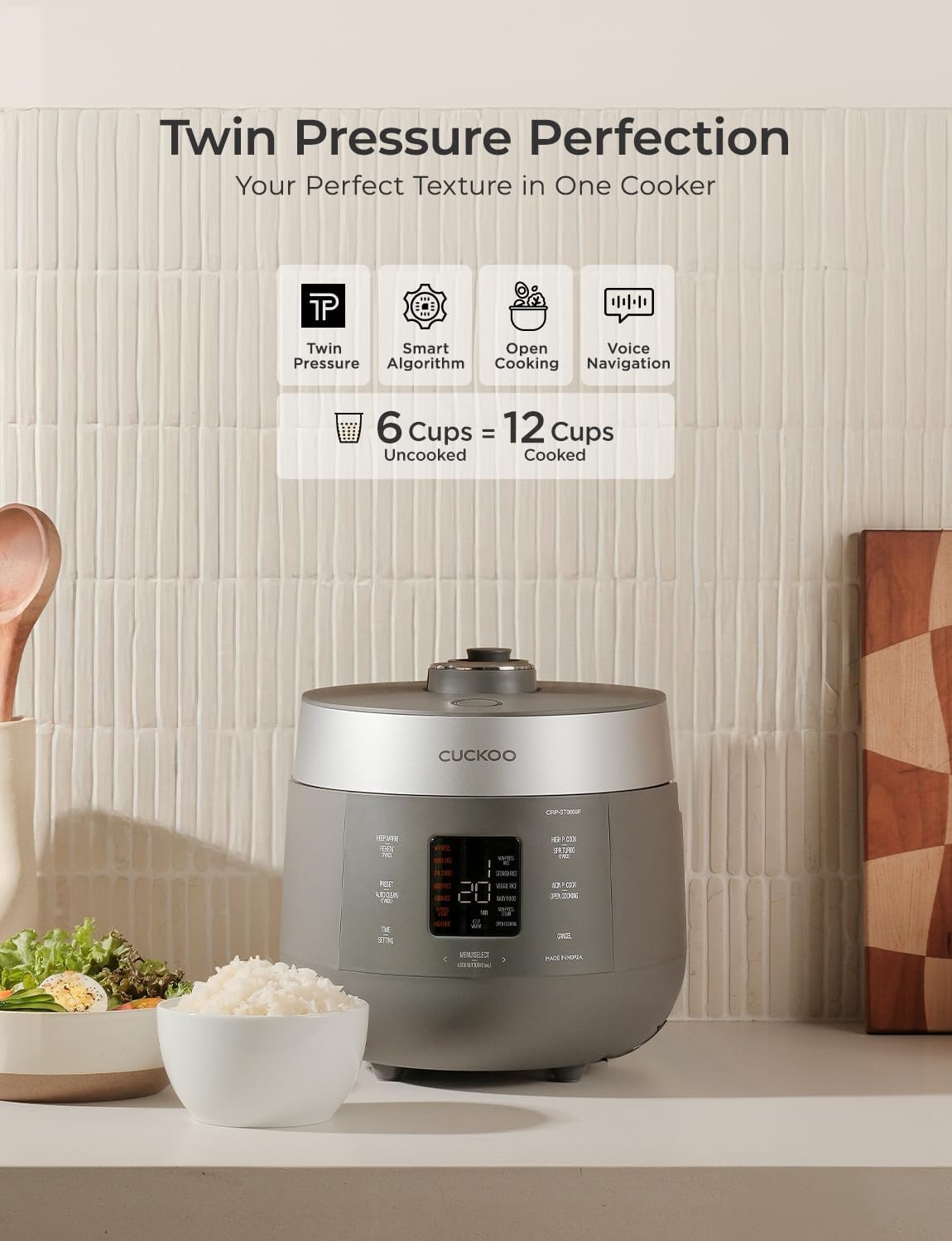 CUCKOO CRP-ST0609FG 6-Cup (Uncooked) / 12-Cup (Cooked) Twin Pressure Rice Cooker & Warmer with Nonstick Inner Pot, 16 Menu Options, 3 Voice Guide, Auto Clean (Gray)