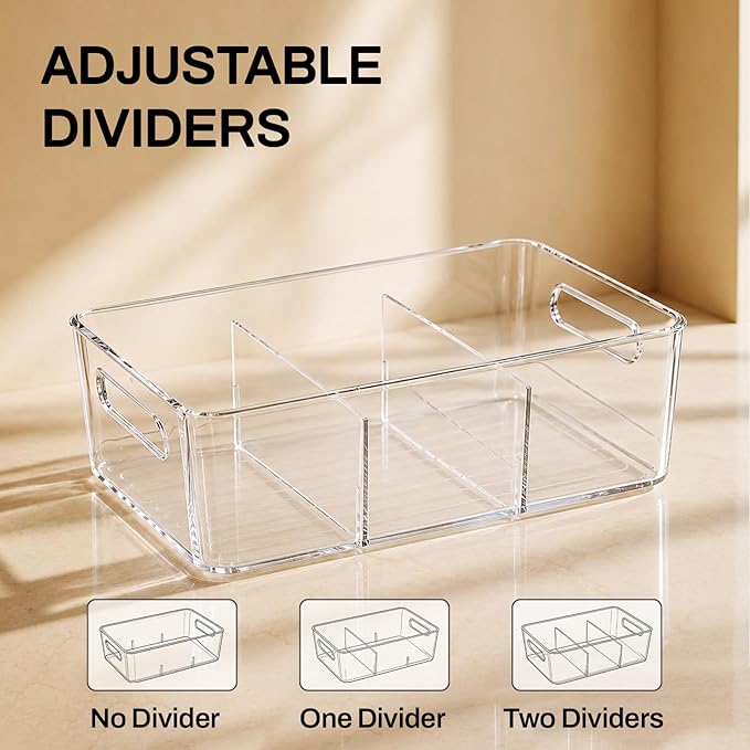 Mpotmiy 6-Pack Pantry Organizers and Storage, Clear Fridge Organizer Bins | Clear stackable plastic bins with removable dividers for packets, snacks, pouches and spices in pantry, fridge or freezer. - Image 3