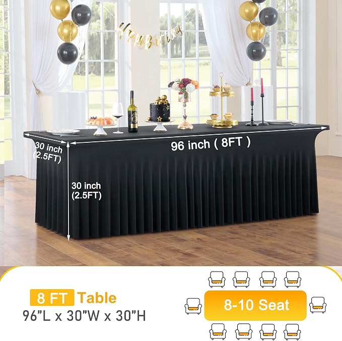 CO-AVE 8pk Black Spandex Tablecloths for 8ft Rectangle Tables, Wrinkle Free Wavy Table Skirt Stretchy 8 Foot Fitted Table Cloth Covers for Weddings Birthday Halloween Party Events Banqute Baby Shower - Image 5