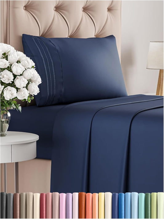Twin Size 3 Piece Sheet Set - Comfy Breathable & Cooling Bed Sheets Set - Hotel Luxury Bedding for Women, Men, Kids, Teens, Boys & Girls - Deep Pockets, Ultra-Soft, Wrinkle Free - Oeko-Tex - Navy Blue