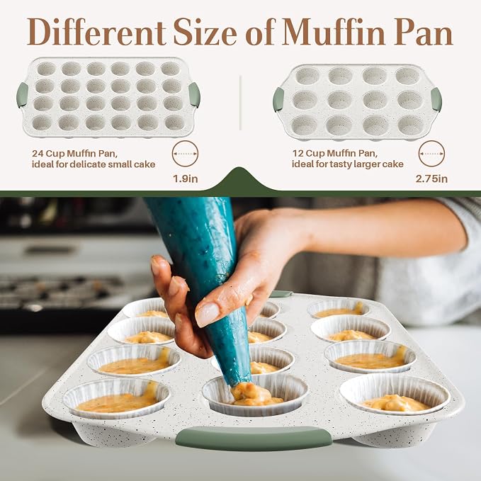 11-Piece Non-Toxic Baking Set, Stackable Nonstick Cookware, White&Green | Bakeware Set with Heat-Resistant Handles - Includes Cookie Tray, Round Cake Pan, Muffin Cups, Pizza Pan & Loaf Baker - Image 3
