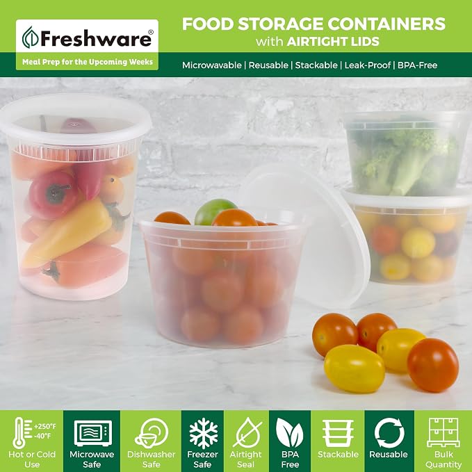 Freshware 48 Pack of 16 and 32 oz, 24 sets each size Food Storage Containers with Lids, Plastic Deli Containers, Meal Prep Containers, Microwave and Freezer Safe, Stackable, Leakproof, BPA Free, Clear - Image 2