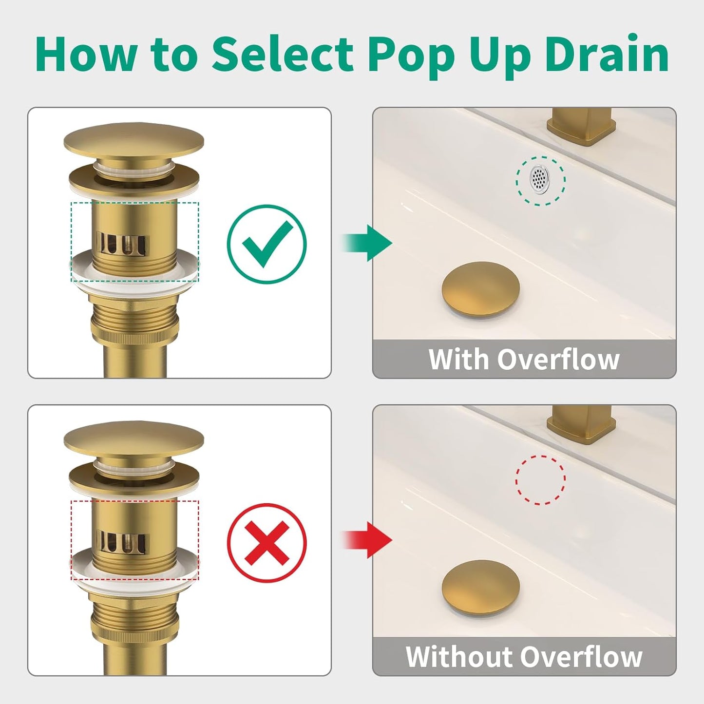 Bathroom Pop up Drain with Overflow, Anti-Clogging Vessel Sink Drain Strainer, Pop Up Drain with Detachable Basket, Hair Catcher Bathroom Sink Drain Stopper (Brushed Gold, with Overflow)