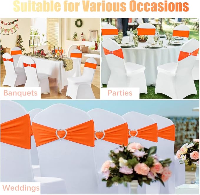 Orange Chair Sashes 25 Pack Spandex Orange Sashes for Chairs Covers Universal Stretch Chair Sashes Band with Heart Buckle Slider for Wedding Banquet Party Decorations - Image 6