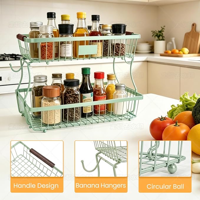 2-Tier Stackable Wire Basket with 2 Banana Hooks, Pantry Organizer for Kitchen Countertops, Cabinets & Under-Sink Spaces; Ideal for Storing Snacks, Fruits, Veggies, Onions, Potatoes, & More,Green - Image 3