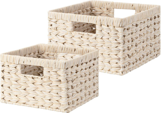 GRANNY SAYS Wicker Baskets for Organizing, Storage Basket for Shelves, Square Shelf Baskets with Handles, Waterproof Woven Basket for Living Room, Baskets for Entryway, Butter Milk