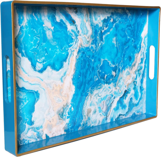 Spsyrine Serving Tray, Plastic Rectangular Coffee Table Tray with Handles, Marble Decorative Tray for Living Room, Ottoman, Bathroom Decor. 15.6” X 10.2" HSRE