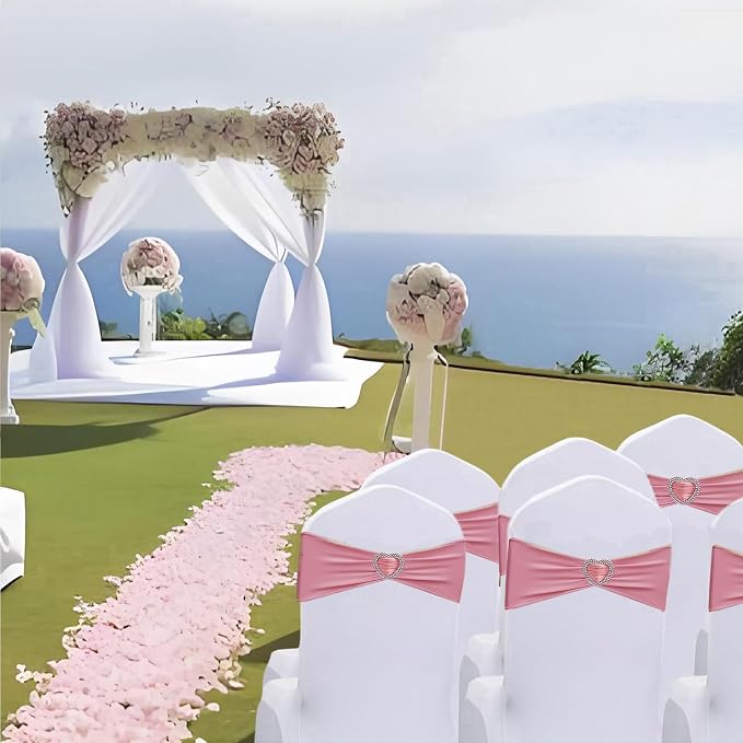 Dusty Pink Chair Sashes 50 Pack Spandex Pink Sashes for Chairs Covers Universal Stretch Chair Sashes Band with Heart Buckle Slider for Wedding Banquet Party Decorations - Image 6