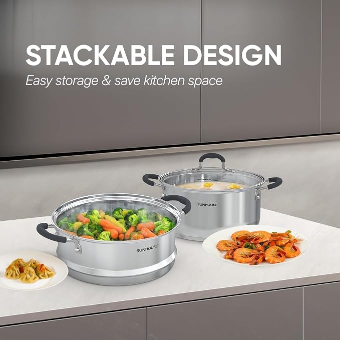 Sunhouse: 2-Tier Stainless Steel Steamer Pots - 3.1 Quart - Tempered Glass Lid, 3-Ply Bottom, Vegetable-Dumpling-Food Cookware, Dishwasher & Oven Safe - Image 8