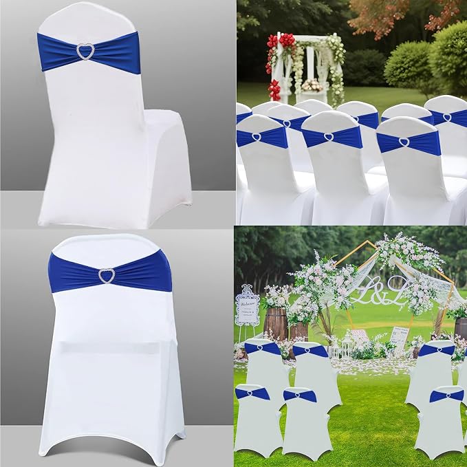 Royal Blue Chair Sashes 25 Pack Spandex Blue Sashes for Chairs Covers Universal Stretch Chair Sashes Band with Heart Buckle Slider for Wedding Banquet Party Decorations - Image 5