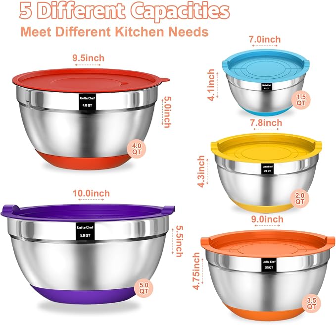 Umite Chef Mixing Bowls with Airtight Lids Set, 8PCS Stainless Steel Nesting Bowls Set, 3 Grater Attachments & Non-Slip Bottoms, Size 5, 4, 3.5, 2, 1.5QT for Baking & Mixing(Colorful) - Image 2