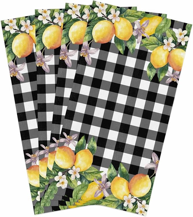 Summer Lemon Flower Kitchen Towels Microfiber Cleaning Cloths, Black White Buffalo Plaid Soft Dish Towels for Kitchen, Pack of 4 Absorbent Hand Towels Reusable Tea Towels Bar Towels 18x28 Inch by Smile+Sunflower