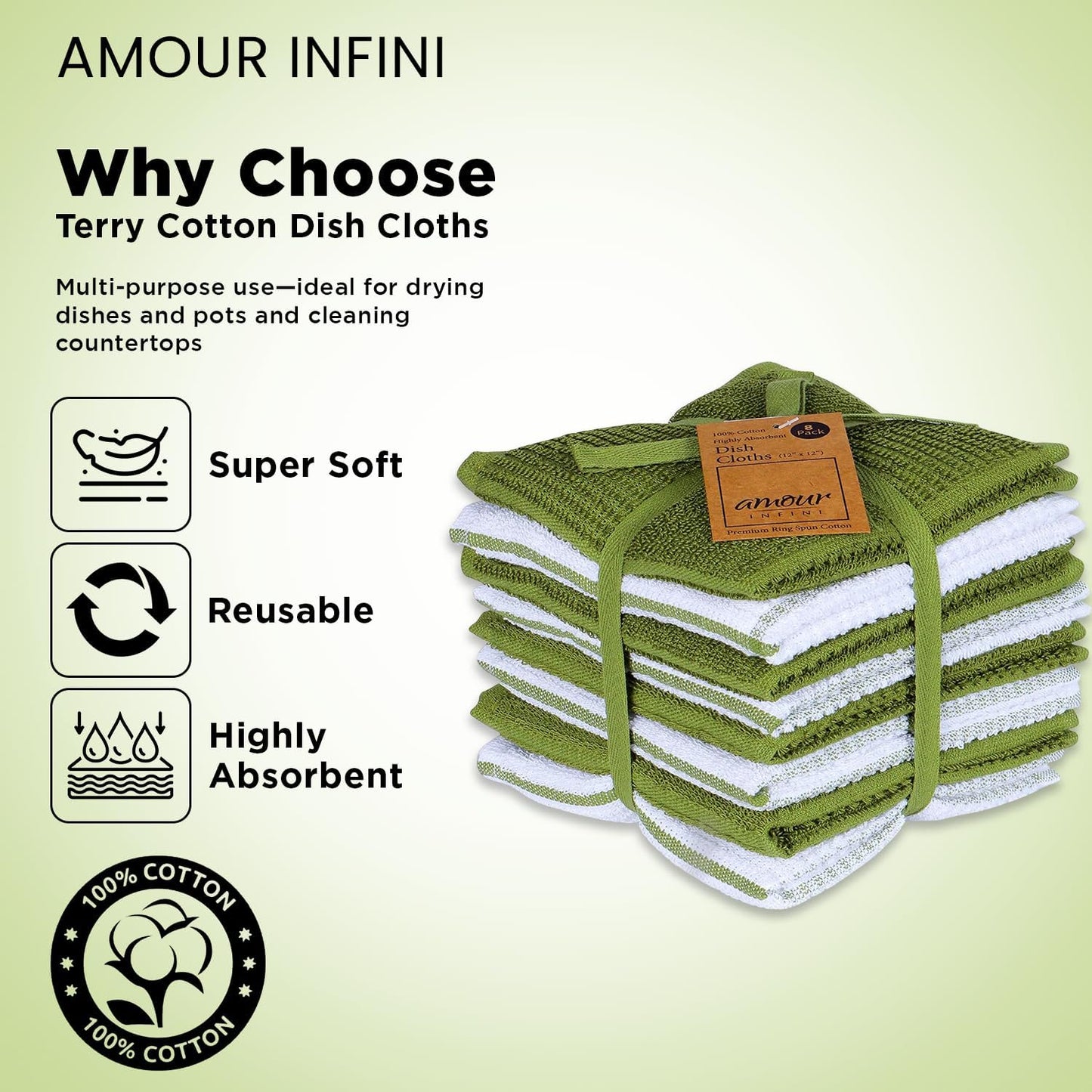 AMOUR INFINI Dish Cloths for Washing Dishes Set of 8 - Highly Absorbent, Super Soft Kitchen Dishcloths - Reusable Quick Dry Dish Rags for Cleaning & Drying Kitchen Linens (12x12 Inch - Green)