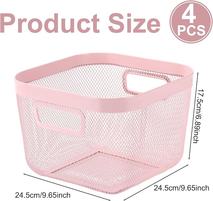 MorningRo 4 Pack Metal Mesh Basket with Hollow Handles Pink Wire Storage Bin for Organizing Stackable Metal Fine Mesh Basket for Pantry Bathroom Kitchen Cabinets Shelves (Medium) - Image 2