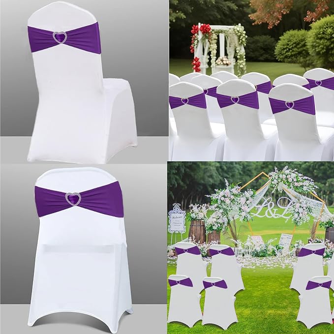 Purple Chair Sashes 50 Pack Spandex Purple Sashes for Chairs Covers Universal Stretch Chair Sashes Band with Heart Buckle Slider Sashes Bows for Wedding Banquet Party Decorations - Image 5