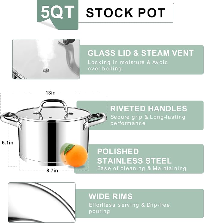 E-far Stainless Steel Stock Pot, 5 Quart Pot with Glass Lid for Soup Pasta - Image 4