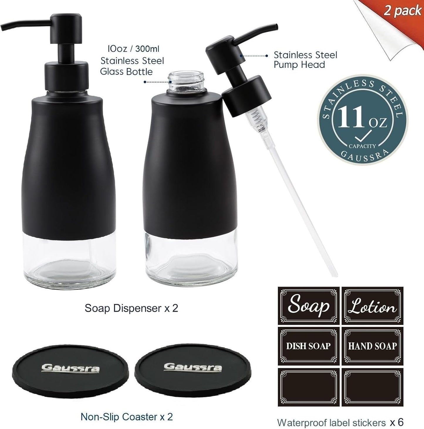 Gaussra Black Soap Dispenser with Coaster and Stickers, Dish Soap Dispenser for Kitchen, Hand Soap Dispenser for Bathroom, 304 Stainless Steel Glass Lotion Dispenser (2 Pack)