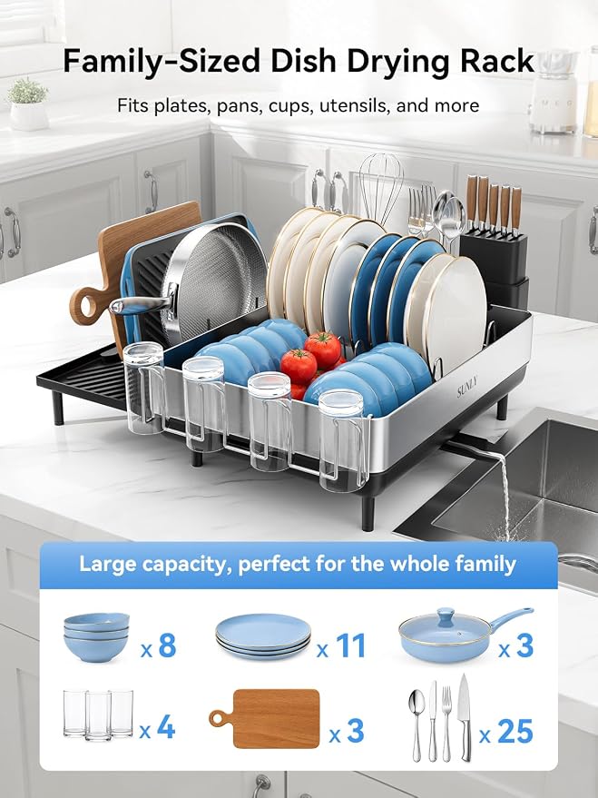 SUNLY Large Dish Drying Rack, Expandable Dish Rack for Kitchen Counter, 304 Stainless Steel Space Saving Dish Drainer with Multifunctional Flip Up Pegs - Image 3