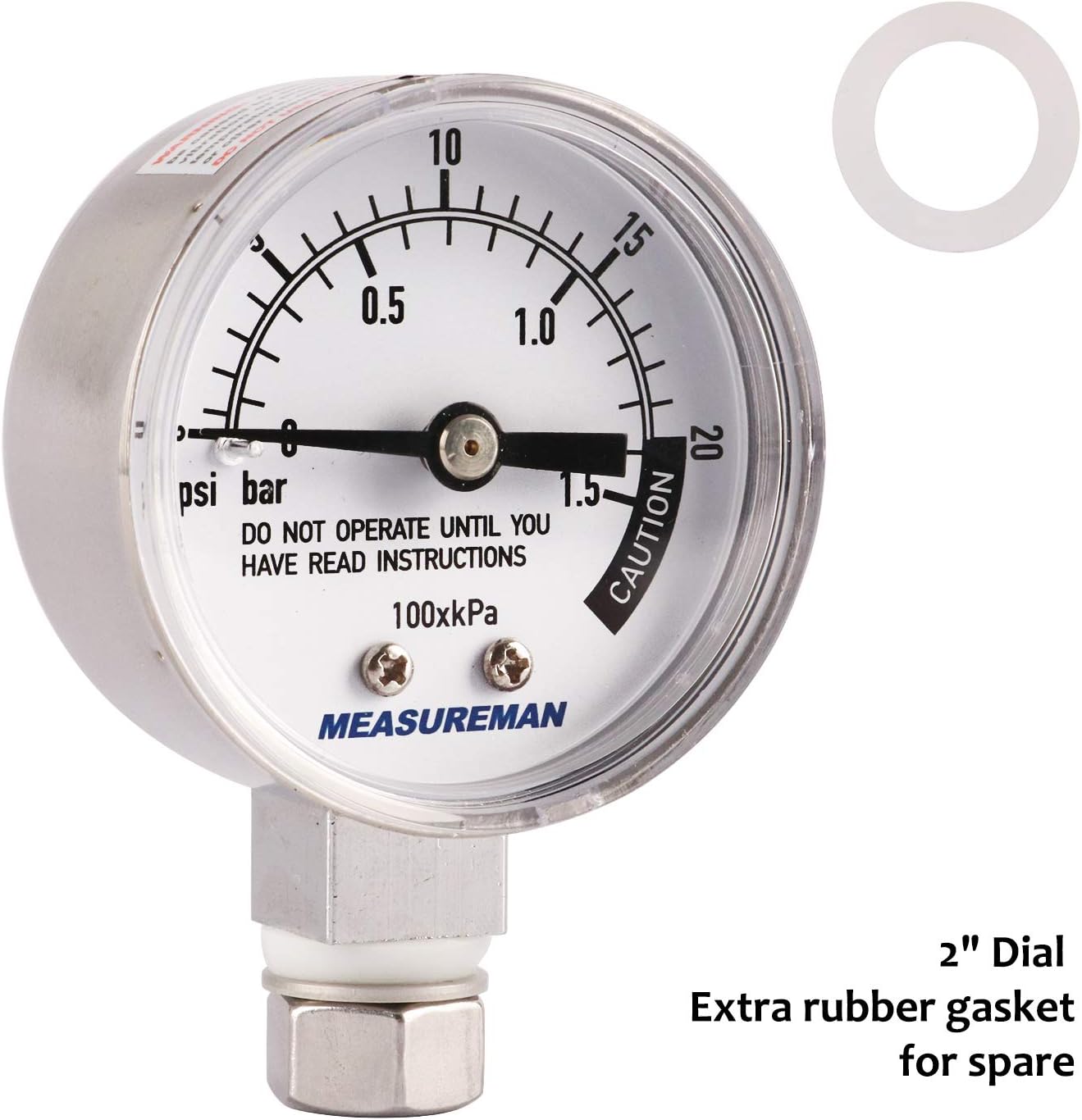 MEASUREMAN Stainless Steel Pressure Cooker Gauge, Pressure Canner Gauge, Steam Pressure Gauge, 2" Dial, Lower Mount, Including Gasket, Washer and Nut