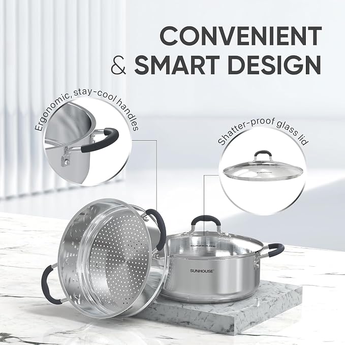 SUNHOUSE 4.6 QT Stainless Steel Steamer Pot for Cooking with Glass Lid - Image 3