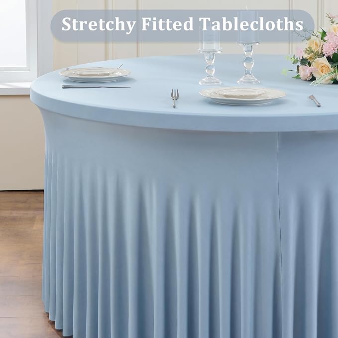 6 Pack Dusty Blue Spandex Round Tablecloths for 60 inch Table, Wrinkle Free Stretchy 120inch Fitted 5FT Round Table Cover Cloths with Skirt for Wedding Party Dining Banquet - Image 2