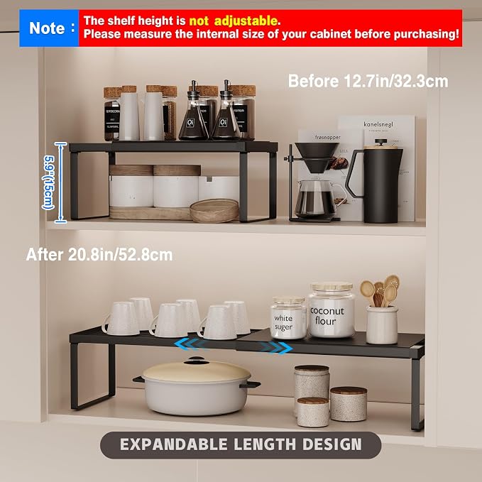 Magheo Expandable Cabinet Shelf Organizer, 1 Pack Stackable Kitchen Counter Shelf Riser, Metal Spice Rack Heavy Duty Countertop Organizer Storage for Kitchen, Pantry, Cupboard, Rv (5.9in Height,Black) - Image 2