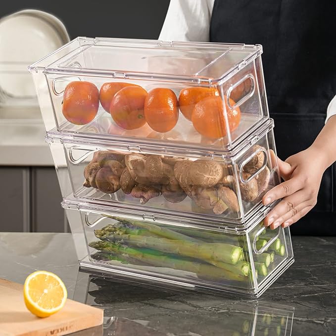4Pack Stackable Refrigerator Organizer Bins Pull Out Drawer Large Vegetable Fruit Storage for Fridge Organizer Drawers with Handle Clear Food Storage Container Box for Kitchen Pantry Cabinet - Image 2