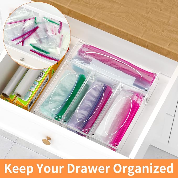 FEMELI Food Bag Storage Organizer Acrylic Kitchen Drawer Baggie Box Clear - Image 3