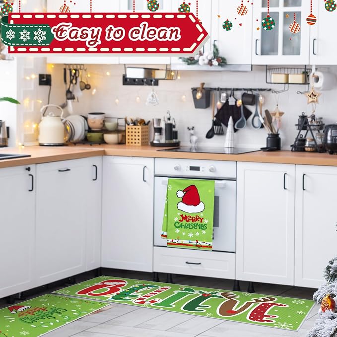 Breling 7 Pcs Lime Green Christmas Kitchen Rug and Towel Set Bathroom Decor Mat Absorbent Dish Hand Towel Xmas Kitchen Decoration Farmhouse Gift - Image 7