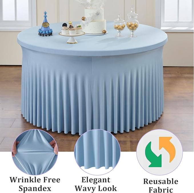 6 Pack Dusty Blue Spandex Round Tablecloths for 60 inch Table, Wrinkle Free Stretchy 120inch Fitted 5FT Round Table Cover Cloths with Skirt for Wedding Party Dining Banquet - Image 3