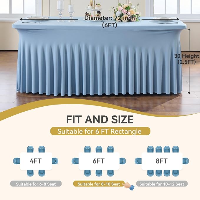 Spandex Tablecloth 6FT Rectangle Table Cover 6 Pcs Dusty Blue Wrinkle-Free - Image 6