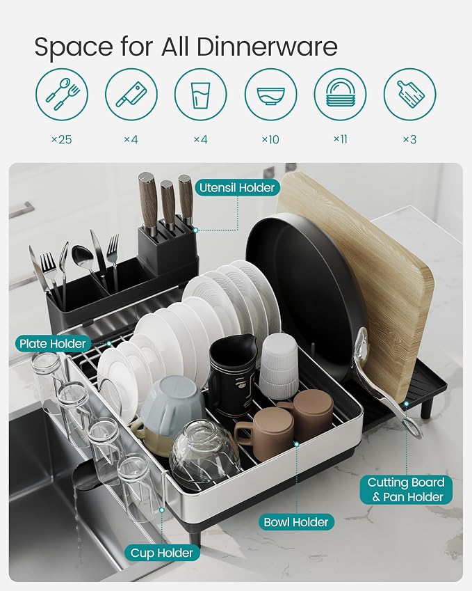 SONGMICS Dish Drying Rack, Expandable Stainless Steel, with Rotatable Spout - Image 6