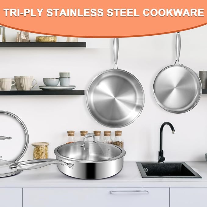 EWFEN 12 Inch Tri-Ply Stainless Steel Frying Pan, Compatible with All Cooktops Up to 600℉, Large Frying Pan with lids, Induction-Ready Skillet, Dishwasher and Oven Safe, Even Heat, 12" Saute Pan+Lid - Image 7