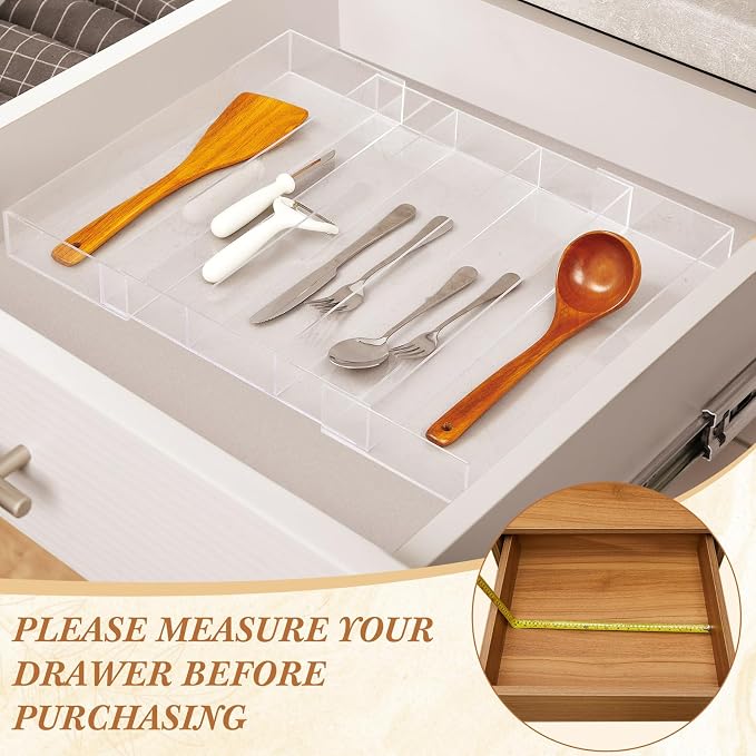 Teenyyou 1 Pack Expandable Kitchen Drawer Organizer Clear Acrylic Utensil Organizer Adjustable Acrylic Silverware Storage for Drawers Silverware Flatware Knives (12 x 16 Inches,3-5 Compartments) - Image 3