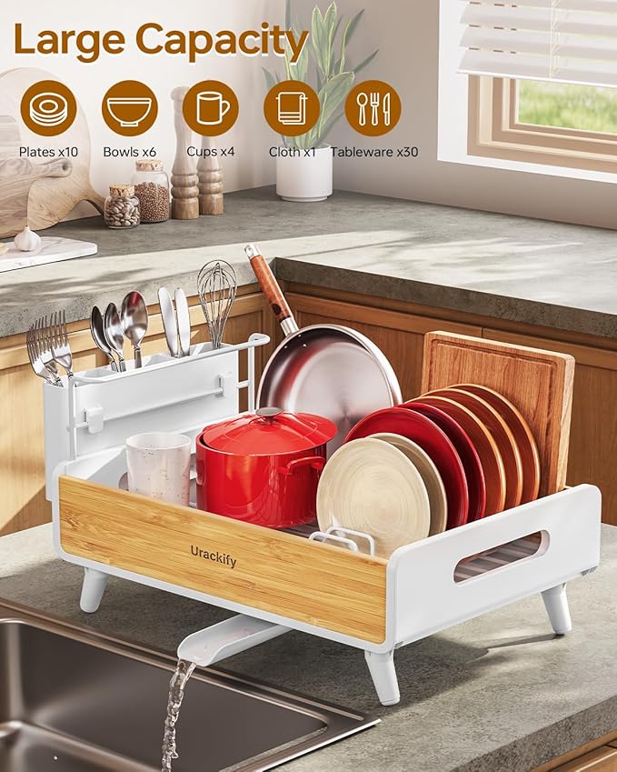 Urackify Bamoboo Dish Drying Rack for Kitchen Counter,Stainless Steel,White - Image 2