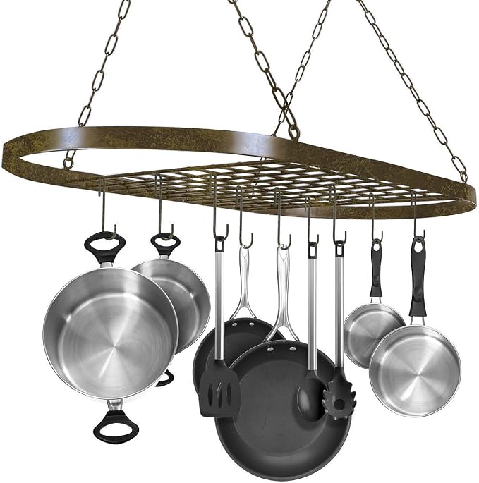 Sorbus Hanging Pot Rack, Ceiling-Mount Kitchen Organizer (Rustic) | Decorative oval fixture with hooks arranges cookware, utensils and books for practical overhead use in homes or restaurants. by Sorbus