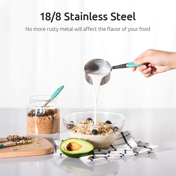 U-Taste Silicone Spatula Set; Kitchen Tongs, 7/9/12 inches, Pack of 3 and 18/8 Stainless Steel Measuring Cups and Spoons Set of 10 Piece (Aqua Sky) - Image 7