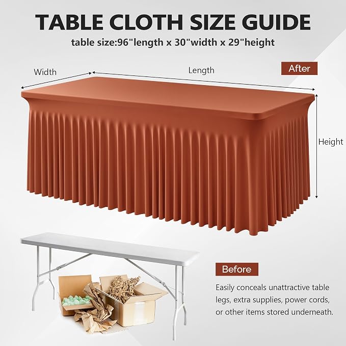 Wish Care 2 Pack Rust Spandex Table Clothes for 8 Foot Rectangle Tables, 8FT Wrinkle Free Fitted Tablecloths Ruffles Design Table Cloth for Party, Banquet, Wedding and Events - Image 4