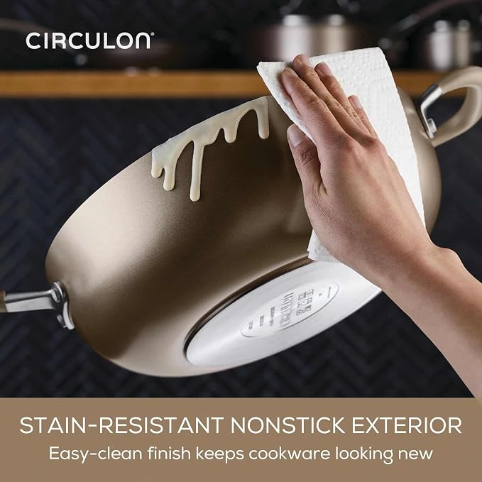 Circulon A1 Series with ScratchDefense Technology Nonstick Induction Pots and Pans, Metal Utensil Safe, Includes Splatter Guard, Slotted Turner and Silicone Trivets, 10 Piece Cookware Set - Champagne - Image 7