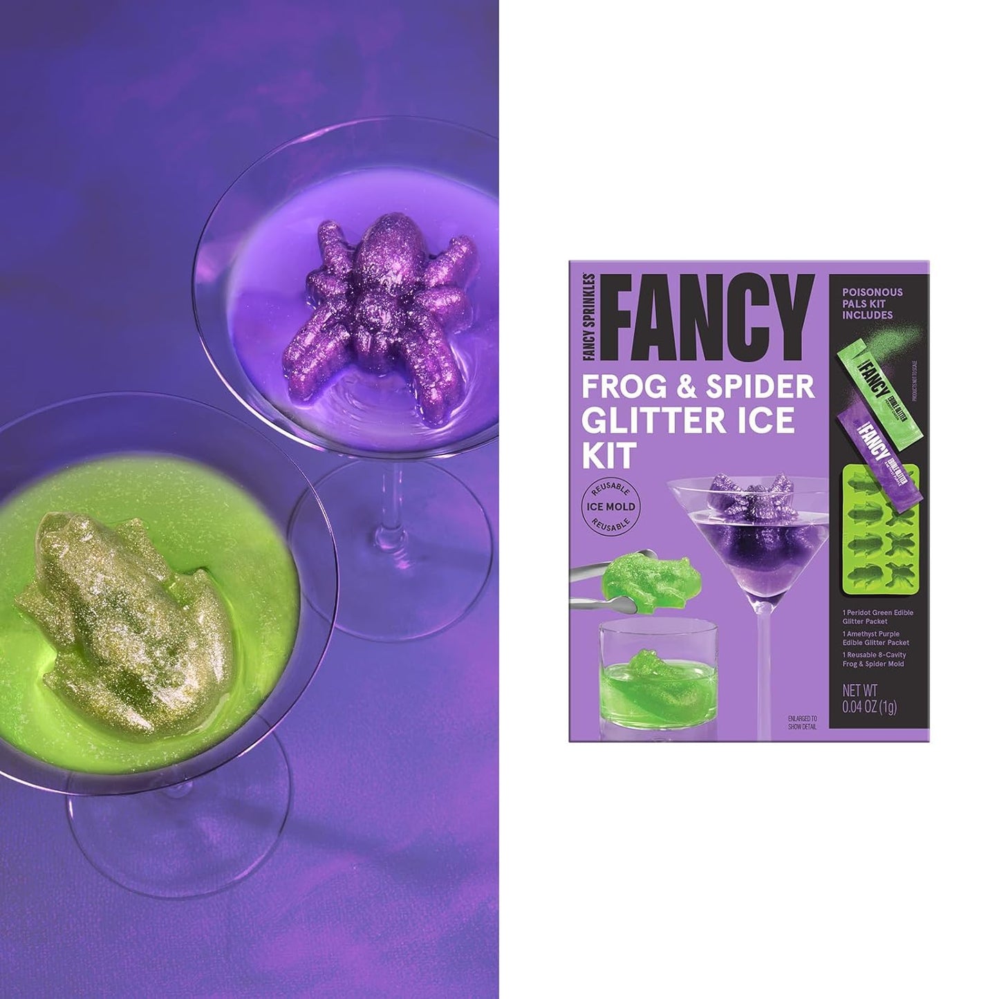 Fancy Sprinkles Limited Edition Halloween Poisonous Pals Glitter Ice Decorating Kit For Halloween Celebrations with Reusable Silicone Mold of Both Frogs and Spiders, and Two Colors of Edible Glitter