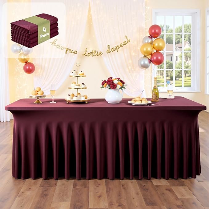 leegleri 4 Pack Burgundy Spandex Table Clothes for 6 Foot Rectangle Tables, Wrinkle Free Fitted Table Cover 6ft Stretch Tablecloths with Skirt for Parties Weddings Birthday Banquet Baby Shower - Image 7