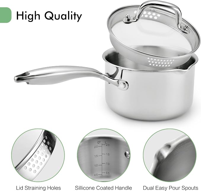 3.5 Quart Stainless Steel Pot Saucepan with Glass Strainer Lid, Sauce Pot with Two Side Spouts, Induction Cooking Pot, Multipurpose Sauce Pan with Lid for Cooking(Tri-Ply Full Body) - Image 4